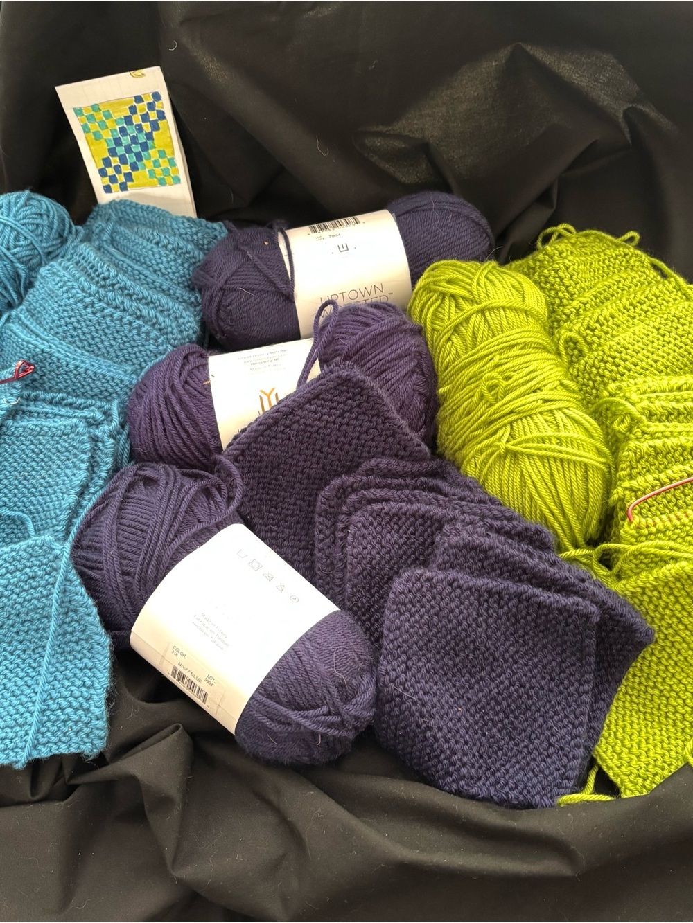 Yarn Patchwork Knitting Project Teal Dark Blue Lime Green Squares to be finished - Picture 2 of 12